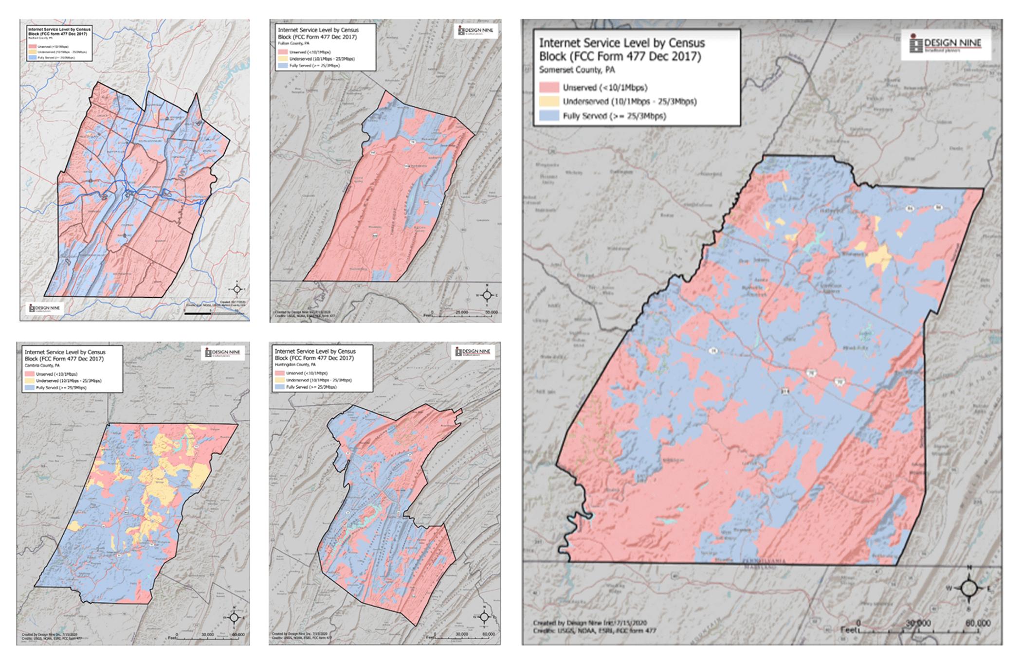 A report prepared for the Southern Alleghenies Planning & Development Commission shows the areas of each county deemed “unserved” based on federal data from 2017. In the maps shown, pink areas are “unserved,” yellow areas are “underserved,” and blue areas are “fully served.”